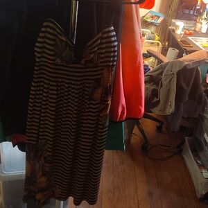 Enfocus Studio Black and Gray Striped Maxi Dress with Floral Hem